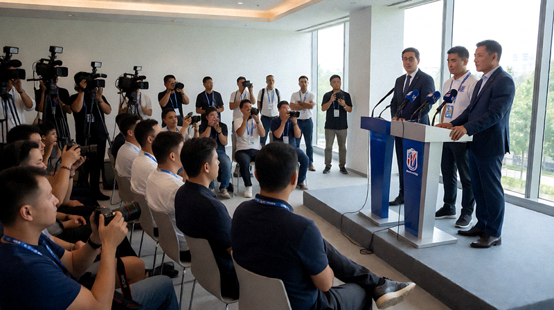 足球转会相关新闻发布会现场，俱乐部官员在台上宣布球员转会消息，媒体记者云集记录